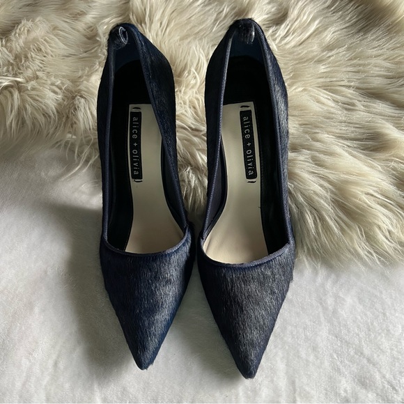 Alice + Olivia Navy Blue Calf Hair Pumps 40 EUC Party Cocktail NYE Heels Leather - Picture 3 of 10